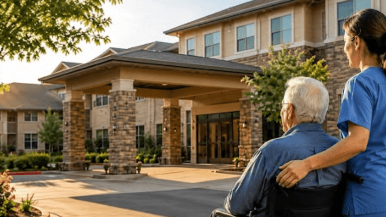 A caregiver pushing a wheelchair-bound elderly man outside a senior living facility.
